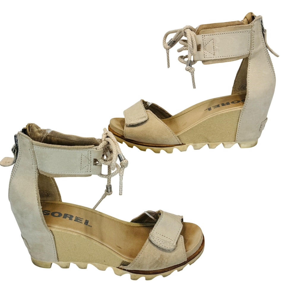 Sorel Joanie II Lace Wedge Sandals Women's 7‎ Beige Suede Sporty Chic Summer